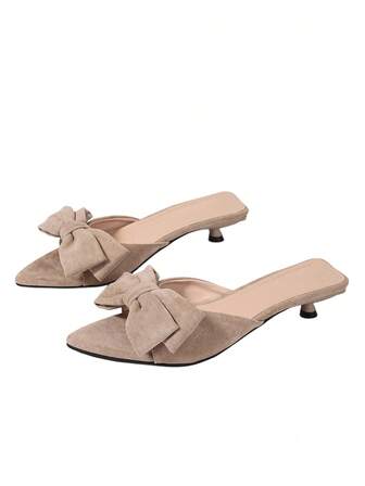 2025 Nya Sommarsandaler i Fransk Stil med Stor Rosett och Spetsig Tå för Dam, Kitten Heels, Bekväm Sammet, Aprikos