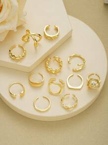 12pcs Exaggerated Luxurious Hollow Pearl Design Gold-Color Ring Set, For Ladies Everyday, Party, Wedding Wear, Fashion Jewelry Gift For Girlfriends