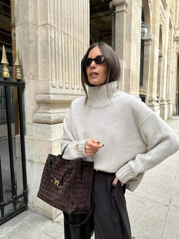 Women's Casual High Neck Sweater, Loose Fit Gray Knit Top, Autumn/Winter