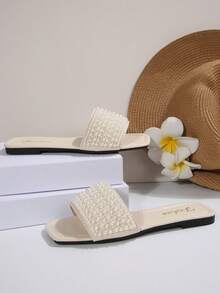 Plus Size Women's Spring/Summer New White Square Toe Flat Sandals, Fashion Rhinestone Strap Slippers, Holiday Essential, Suitable For Dresses - White - View 2