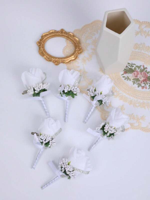 6 Peças Corsage de Pulso de Rosas Artificiais Brancas para Noiva, Pulseira de Noiva, Corsage de Dama de Honra Branco para Casamento
