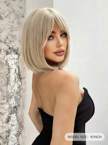 1 Synthetic Heat-Resistant Wig, White Gold Short Wig With Bangs, 10 Inches Long, Fully Machine Woven, Natural And Realistic Wig For Daily Use