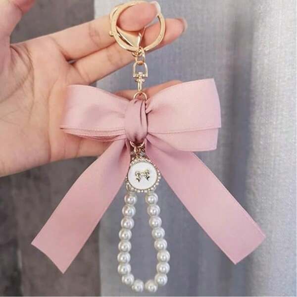 Pearl Bow Keychain For Women Female Lady Girls Fashion Ornaments Universal Bag Pendant Car Key Chain Wristlet Handbag Decoration Holiday Gift Auto Accessories ﻿