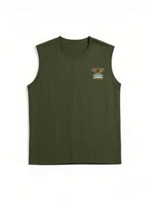 Camiseta de tirantes casual de cuello redondo con impresión de letras y palmeras para hombre