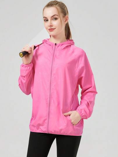 1 件女式轻质防水夹克，休闲风衣，速干运动服，黑色女式长袖运动夹克，带储物袋