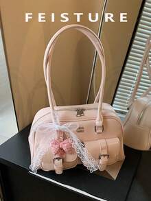 1pc FEISTURE Multifunctional Shoulder Bag With Pockets And Bow Decor, Zipper Closure, Suitable For Everyday, Dates, Commute - Pink - View 4