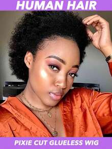 Glueless Wear And Go Wig Short Afro Curly Human Hair Wigs For Women Kinky Afro Wigs Afro Puff Wig With Bangs Glueless Neutral Afro Wigs For Daily Party Use Black