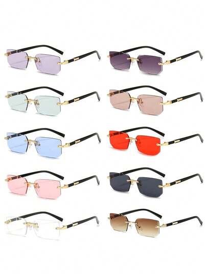 男女彩色方形时尚眼镜，窄框无框时尚眼镜，适合夏季防晒、海滩度假、户外运动、派对、自驾、钓鱼、骑自行车、购物和拍照配件返校时尚学院风