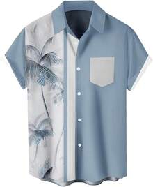 Men's Short Sleeve Button Up Hawaiian Shirt 1950s Vintage Bowling Shirts-20256688 - Hawaiian-dusty Blue - View 1