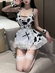 1 pieza Disfraz de criada de vaca blanca y negra lindo para Halloween, Navidad, Día de San Valentín, Disfraz de juego de roles