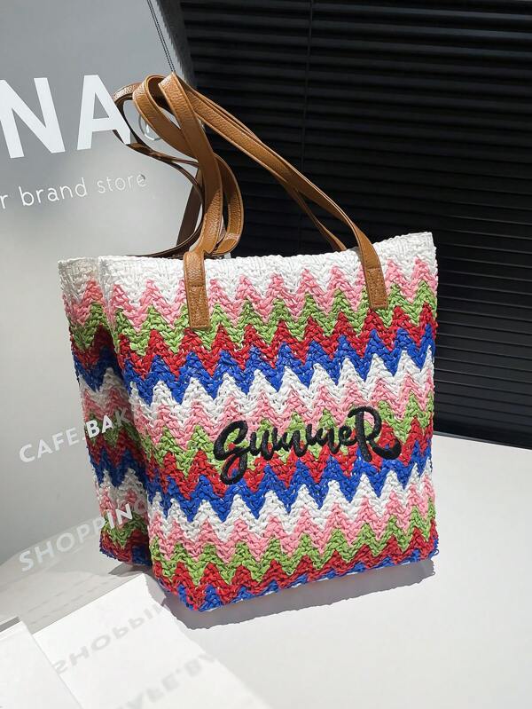 New Straw Woven Bag Women Large Capacity Shopping Tote Bag Striped Letter Beach Bag Embroidery Vacation Lightweight Oversized Bag