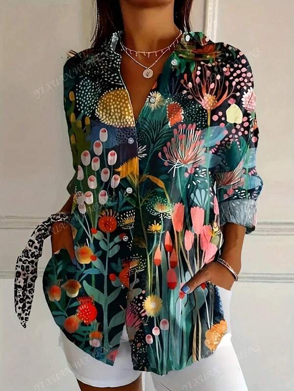 Chemise boutonnée à imprimé floral et feuillage pour femmes grandes tailles