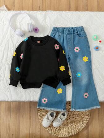 2st/set Ung flicka Casual Blommigt Print Sweatshirt Och Blommigt Print Denim Byxor Set