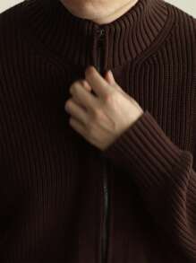 Men's Crew Neck Long Sleeve Front Open Chain Cardigan Sweater, Versatile Daily Wear Knit Top