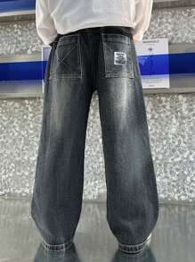 Tween Boy Letter Embroidered Patch Wide Leg Loose Casual Jeans