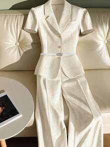 2件套女士职业装提花面料商务套装 - 杏色 - 查看 3