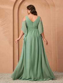 Mgiacy New Elegant Off-Shoulder Ruffle Chiffon Dress, Plus Size Bridesmaid Gown - màu xanh lá - Xem 2