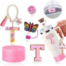 Set de 6 accesorios para tazas de 30oz 40oz, compatible con el vaso , con dijes de letras, funda de silicona para el asa, tapa y pegatina para el sorbete (Letra S) - Letra T - Ver 1