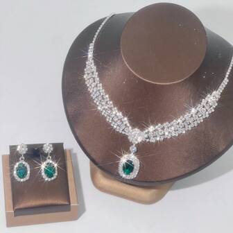 1 套女士首饰套装：项链、耳环（3 件），镶嵌水钻，时尚优雅奢华，适合新娘、婚礼、宴会、正式活动