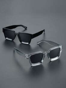 2 piezas Gafas de moda de estilo minimalista moderno con marco de plástico geométrico clásico, adecuadas para conducir, acampar, viajes al aire libre, vacaciones en la playa tropical, salidas familiares y otras ocasiones, accesorio de moda - 2 piezas Combinación de gris negro y gris transparente - Ver 5