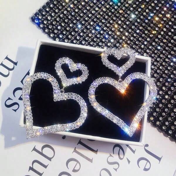 1 Par de Pendientes Colgantes con Forma de Corazón Doble Exagerado y Rhinestone, Elegante y Versátil, Estilo Europeo y Americano