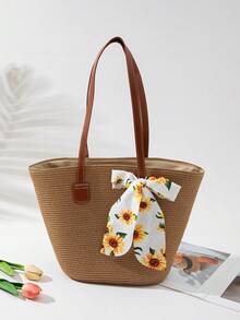 1 Women's Bohemian Style Vacation Hat + 1 Bag Set - Khaki Hat With Yellow Ribbon - View 5
