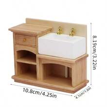 1pc 1:12 Doll House Bathroom Furniture Model, Wooden Vanity Sink + Cosmetic Set, Toys DIY Miniature Kit, Wooden Adult Furniture For Dollhouse, Miniature House Decor Accessories, Doll House Playset
