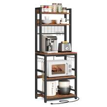 VASAGLE Hutch Bakers Rack With Power Outlet, 14 Hooks Microwave Stand, Adjustable Coffee Bar With Metal Wire Panel, Kitchen Storage Shelf, 15.7 X 23.6 X 66.9 Inches - 查看 3