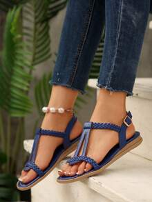 女士舒适轻便防滑百搭平底凉鞋，欧美风格，春夏穿搭 - 藍色 - 查看 2