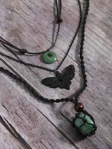 3pcs Gothic Style Moth Skeleton Head Adjustable Stone/Rock, Natural Stone Black Mesh Net Woven Necklace, Adjustable Jade-Like Green Amulet Pendant Necklace Set, Unisex