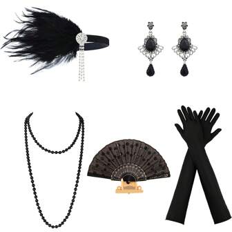 Juego decorativo de 5 piezas, serie Gatsby de los años 20, estilo Hepburn vintage elegante para mujeres, que incluye tocado, aretes, collar de cristal, abanico y guantes. Ideal para fiestas, reuniones, bodas, celebraciones y como regalo para familiares y amigos.