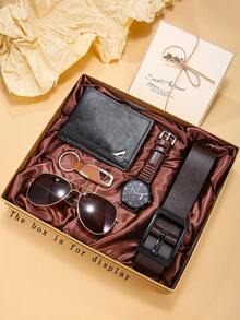 6 件男士必备时尚手表礼品套装 + 太阳镜、钱包、皮带、钥匙扣、卡片、时尚奢华商务多功能套装、日常使用和节日派对、生日、周年纪念礼物、纯色 PU 皮革钱包、四季皆宜