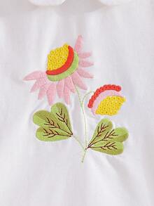 少女花卉刺绣领长袖T恤，秋季 - 白色 - 查看 4