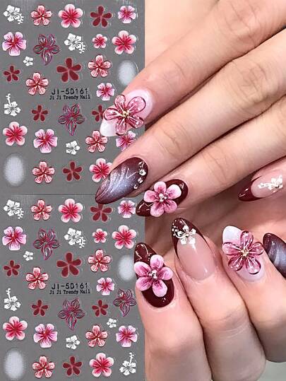 2pcs Red Petal Nail Stickers, Embossed 5D Floral Nail Design, Y2K Spring/Summer Charming Nail Decorations, Self-Adhesive Nail Decals, Nail Salon Accessories, Nail Supplies, DIY