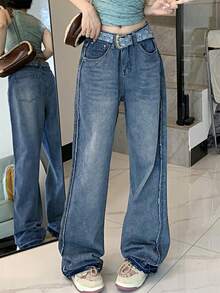 Women Vintage Straight Leg High-Rise Pants With Raw Hem And Washed Finish - Dark Wash - View 6