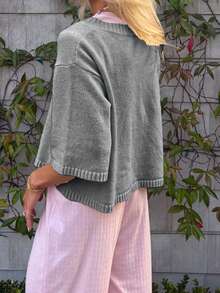 Women Short Sleeve Cardigan Button Down Open Front Knit Crew Neck Sweater Tops Oversized Lightweight Cardigans - Grey - View 5