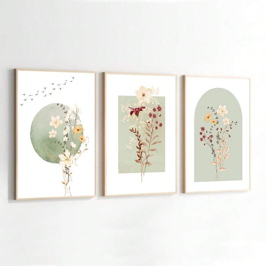 3 套无框波西米亚风绿色野花墙面艺术海报帆布印刷简约日本植物花卉复古绘画适用于公寓、客厅、卧室、现代家居装饰 - 彩色 - 查看 1