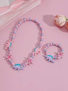 1 colar + 1 pulseira com lindos desenhos de dinossauro e estrela do mar, conjunto de joias com contas de madeira, adequado para uso diário, presente de aniversário