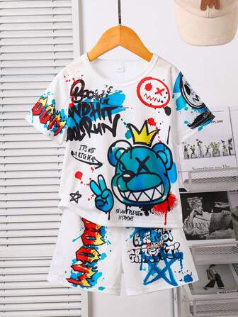 2 st/set för småbarn med björnkrona och bokstavstryck, rund halsringning, kortärmad topp och shorts, sommarsportkläder, fritidskläder, utomhuskläder 3-7 år