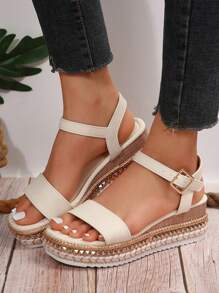 Women's Wedge Heel Hollow Platform Espadrilles Sandals, Woven Thick Bottom Waterproof Heel Summer Vacation Style Sexy, Suitable For Summer Wear, Fashion Increased Height Casual Open-Toe Sandals