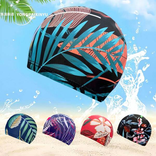 1pc Elastic Fabric Swimming Cap, Women Adult Fashion Leaf Print Swim Cap, Unisex Comfortable Spa Swimming Hat