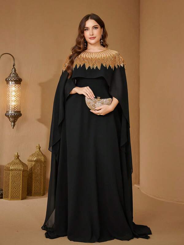 SUPGIR Vestido de noche ajustado de gasa con parches de lentejuelas y mangas de capa de cuello redondo para mujer Plus de SUPGIR