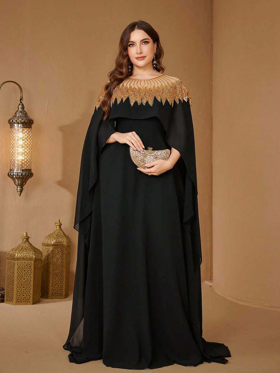 SUPGIR Plus Women's Round-Neck Cape Sleeve Sequin Patchwork Slim-Fitting Chiffon Evening Dress