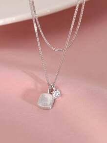 Vintage Pendant Women'S Necklace, 925 Sterling Silver Collarbone Chain, Brushed Square Pendant And Zirconia Pendant, Back Hollow Pattern Design, Fashionable Women Luxurious Jewelry
