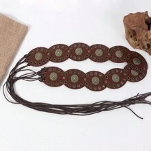 1 Stück Bohemian Stil PU Patchwork Rundschnalle Unisex Gürtel, vielseitiger breiter Ledergürtel mit Quaste