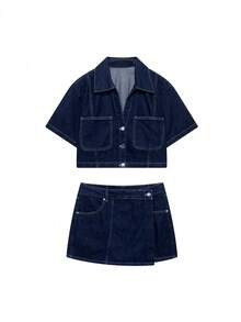 Seelio Spring/Summer New Arrival Women Denim Short Shirt & Double-Belted Skirt 2-Piece Suit - Dark Blue - View 1