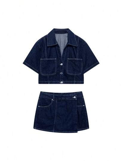 Seelio Spring/Summer New Arrival Women Denim Short Shirt & Double-Belted Skirt 2-Piece Suit
