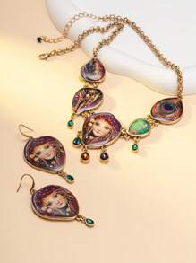 1pc Necklace + 1 Pair Earrings, Featuring The Mysterious Oriental Design And Energetic European & American Fashion. The Necklace Is Designed With Artistic Portrait Engravings, Peacock Feathers, Colorful Glass Beads, And Gemstone Tassels. The Earrings Recreate The Same Luxurious Middle Eastern Palace Style And Unique Street Personalized.