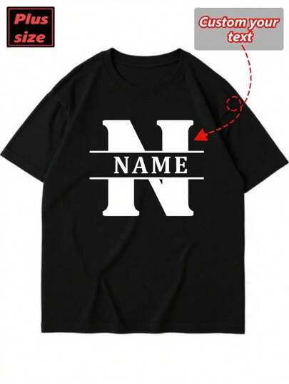 Customized Photo Printed Plus Size Men's T-Shirt, Spring/Summer, Personalized Design, Upload Your Photo/Group Photo/Lover/Family/Pet/Best Friend/Landscape, Input Your Text/Name/Message/Fun Quotes/Blessings, Loose Fit Crew Neck Short Sleeve Black Tee, Holiday/Valentine's Day/Birthday/Anniversary Photo Custom Gift For Him, Spring/Summer Short Sleeve