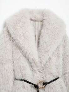 DEEKA New Autumn/Winter Faux Fur Trim Mid-Length Thick Warm Coat With Belt - Beige - View 5